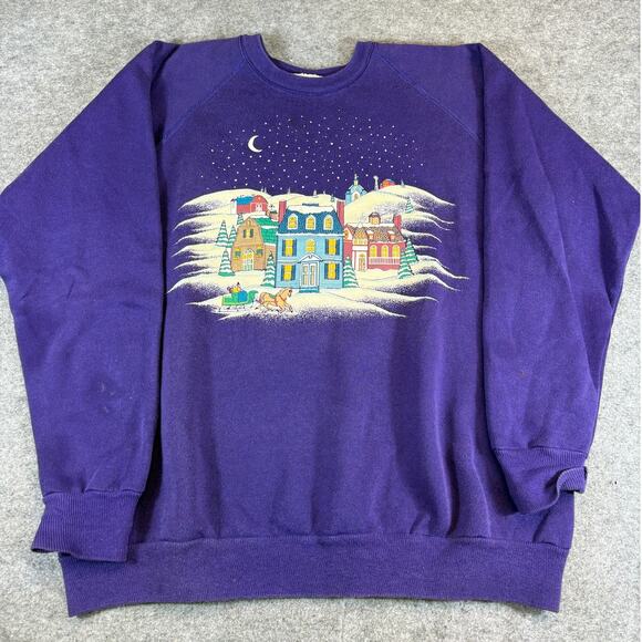 Vintage 80s Sweatshirt Womens Medium Purple Christmas Winter Crewneck Pullover - Picture 1 of 8